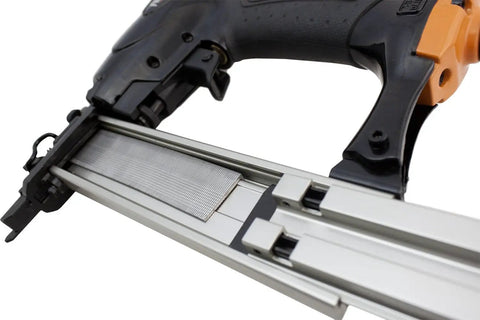 Close-up of Pro Grade Pneumatic 20 Gauge L Cleat Flooring Nailer For Tongue And Groove DIY Friendly Hardwood Installs.