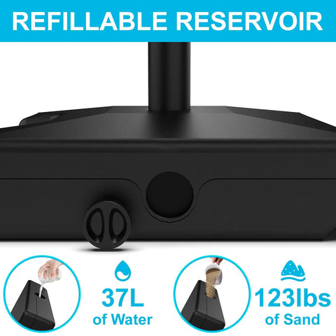 Heavy Duty 120Lb Fillable Umbrella Base With Wheels And Handle, showing refillable reservoir capacity for water and sand
