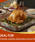 Nonstick V Shaped Roasting Rack For Oven Pan 10 By 8 Inch elevating roast chicken with vegetables on a dining table.