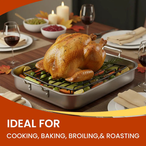 Nonstick V Shaped Roasting Rack For Oven Pan 10 By 8 Inch elevating roast chicken with vegetables on a dining table.