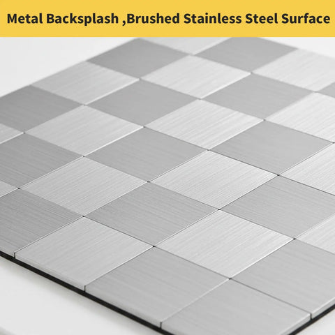 Copper Peel and Stick Backsplash Tiles, 10 Sheet Mosaic close-up, showing brushed stainless steel surface texture.