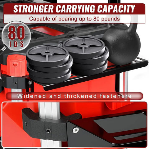 Double Layer Tool Rack Mounting Bracket Built Tough Heavy Duty Steel Tool Organizer supports weights and kettlebell.
