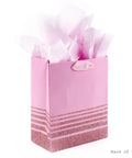 Back of 9-Inch Medium Gift Bag With Tissue Paper In Pink Glitter Stripes For Valentines Day Birthdays Baby Showers Bridal Showers Or Any Occasion Durable Gift Bag With Card Holder And Up To Five-Pound Capacity