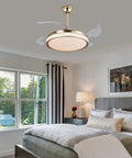 Ceiling Fan Light with Handheld Controller, 48W Illuminated Lamp for in a modern bedroom setting with white and gray décor.