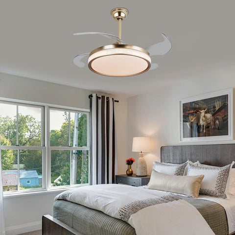 Ceiling Fan Light with Handheld Controller, 48W Illuminated Lamp for in a modern bedroom setting with white and gray décor.