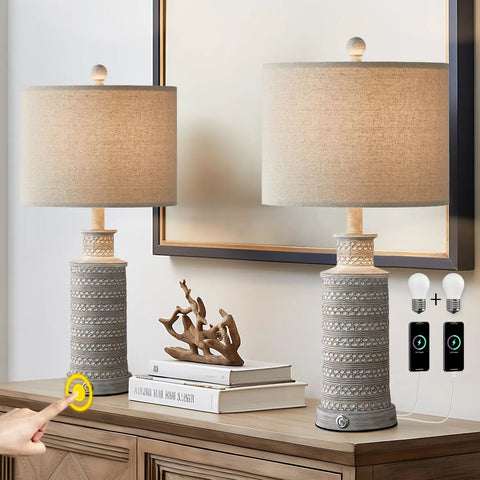 3 Way Dimmable Touch Control Table Lamp Set of 2 With USB Charging Ports for Bedroom and Living Room Vintage Rustic Farmhouse Nightstand Lamps Bulbs Included