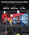 Heavy Duty 2200 Pounds Electric Hoist 110V motor specs 1600W, 2800 rpm, used for stable continuous lifting in garages.