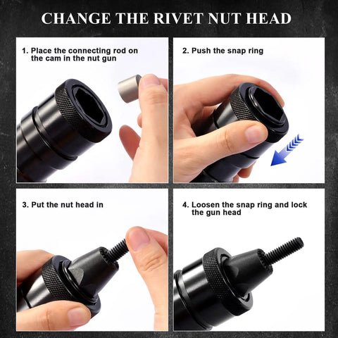 Steps to change the head on a Pneumatic Rivet Nut Gun With Self Locking Head And 3 Mandrels 1/4 5/16 3/8 Industrial Grade Adjustable Speed Pull Rivnut Gun Model LM07 Button Switch For Fast Tool Free Mandrel Swapping And High Efficiency.