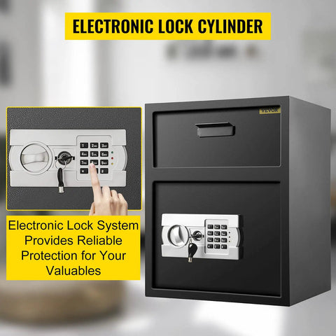 Depository Safe 1.7 Cubic Feet Carbon Steel With Electronic Code Lock, Deposit Slot, And Two Emergency Keys, shown installed.