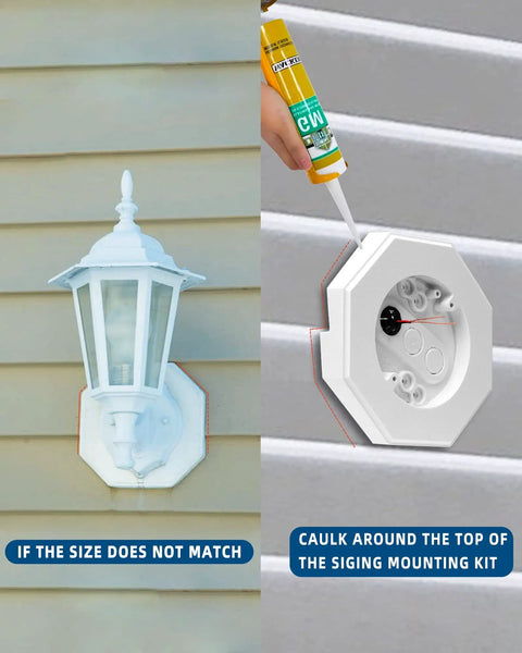 Vinyl Siding Mounting Block With Built-In Electrical Box For Outdoor Light Kit installed on siding, white, weatherproof.