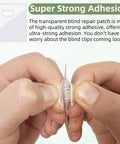 Hands applying 60 Piece Vertical Blind Repair Tabs Kit With Transparent PVC Adhesive Fixers For Replacement Slats Invisible Snap In Patches