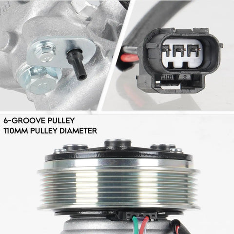 Kickin Cold Air AC Compressor With Clutch Assembly For Honda Civic Acura Ilx showing 6-groove 110mm pulley and electrical connector.