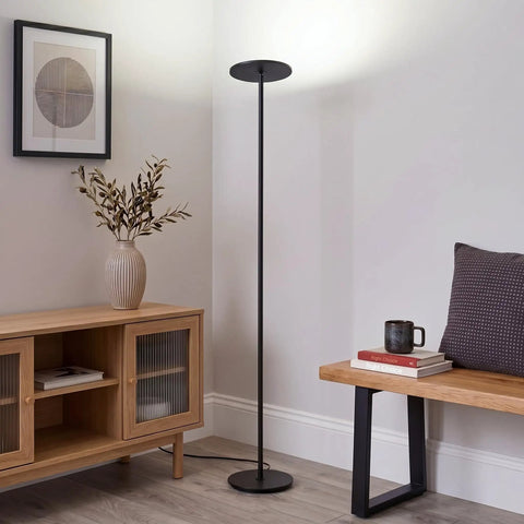 Sky Flux Dimmable LED Floor Lamp With 3 Light Modes For Living Room And Office Tall Torchiere Standing Torch Style Perfect For Bedroom And Reading 2700 Lumens Soft White 4000K Black in a modern living room setting