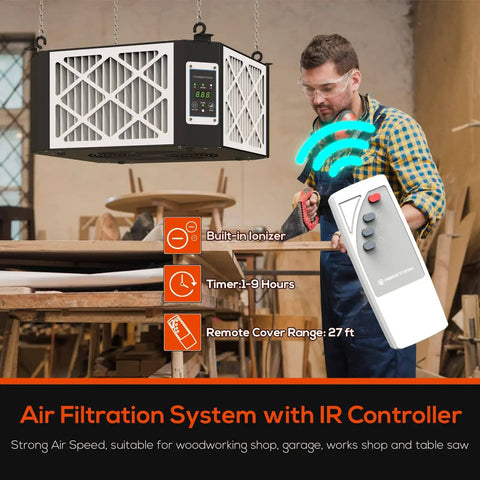 Image showing Air Filtration System For Woodworking With Built In Ionizer And 1350 CFM Hanging Dust Collector in workshop.