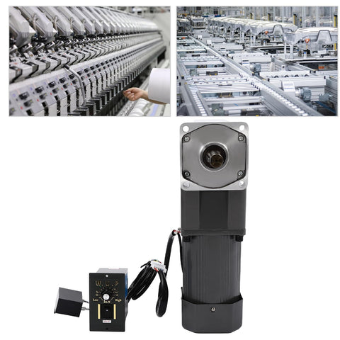110V 200W AC Gear Motor With Variable Speed Controller next to industrial automation equipment, showcasing heavy duty steel gearbox.