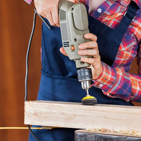 Person using Pro Grade 320 Piece 3 Inch Sanding Discs Kit With 16 Grits Hook And Loop Backer Plates for woodworking with drill