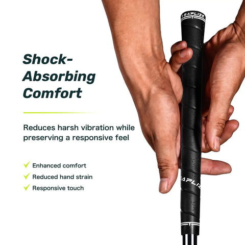 Hands holding Spiral Wrap Golf Grips 13 Pack A50 Wrap Series Midsize High-Tack Rubber Grips, emphasizing shock-absorbing comfort.