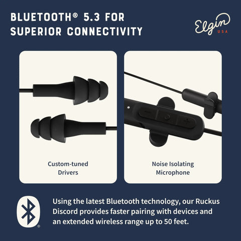 Ruckus Wireless Bluetooth Earbuds With 25 dB Noise Reduction And Noise Cancelling Mic 12 Hour Battery IP65 Sweatproof OSHA Compliant