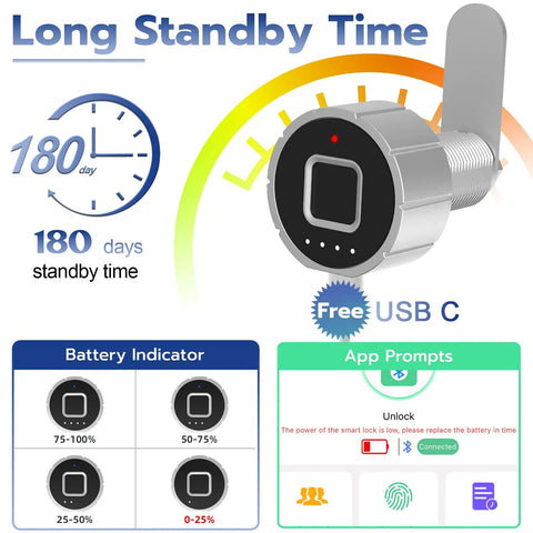 Heavy Duty Biometric Cabinet Lock With Bluetooth Digital Keyless Entry For Metal Storage displaying battery life and features.