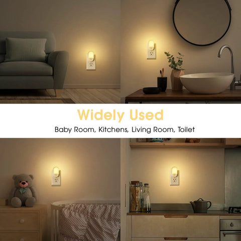 Two Pack LED Night Lights Plugs Into Wall, Dimmable With Light Sensor, Auto On Off, illuminating rooms with soft white 3000K light