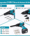 3 In 1 Cordless Rivet Nut Drill Gun for Nutsert Riveting and Drilling, portable tool with various drill bits and nutsert heads.