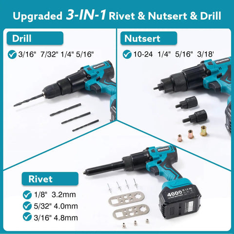 3 In 1 Cordless Rivet Nut Drill Gun for Nutsert Riveting and Drilling, portable tool with various drill bits and nutsert heads.