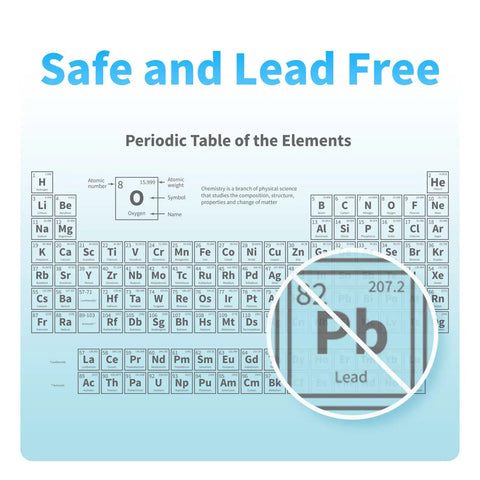 Image showing 'Safe and Lead Free' with a periodic table highlighting lead (Pb) symbol crossed out.