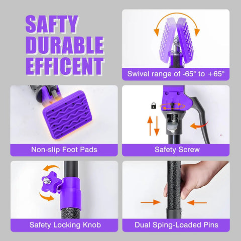 Heavy Duty Steel Drywall Jack Poles features, including non-slip foot pads and safety locking knob for stable support.