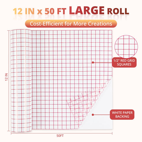 Clear Vinyl Transfer Tape Roll With Alignment Grid 12 Inch By 50 Feet For Silhouette Cameo showing red grid and white backing.