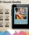 Bluetooth 5.2 MP3 Player With 32GB Built In, 1.8 inch screen displaying music files, HiFi sound quality icons visible