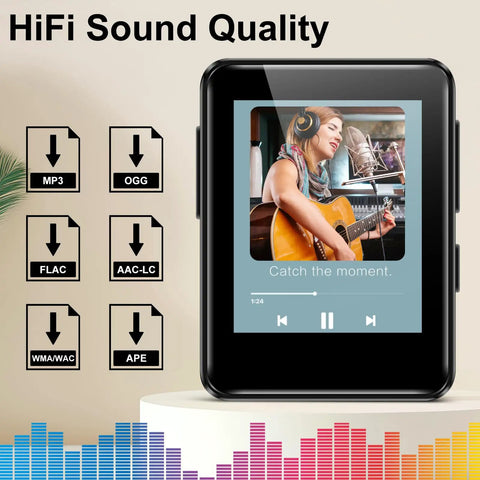 Bluetooth 5.2 MP3 Player With 32GB Built In, 1.8 inch screen displaying music files, HiFi sound quality icons visible