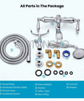All parts of Vintage Style Dope Bathtub Filler Wall Mount Clawfoot Faucet With Handheld Shower Kit shown in package.