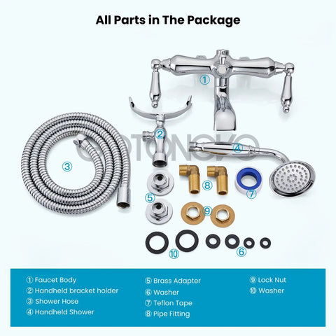 All parts of Vintage Style Dope Bathtub Filler Wall Mount Clawfoot Faucet With Handheld Shower Kit shown in package.
