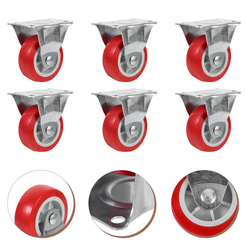 Six Pack Of Two Inch Rigid Rubber Casters With Steel Mounting Plate Heavy Duty Silent Rolling Wheels For Furniture Cart Workbench, showing casters.