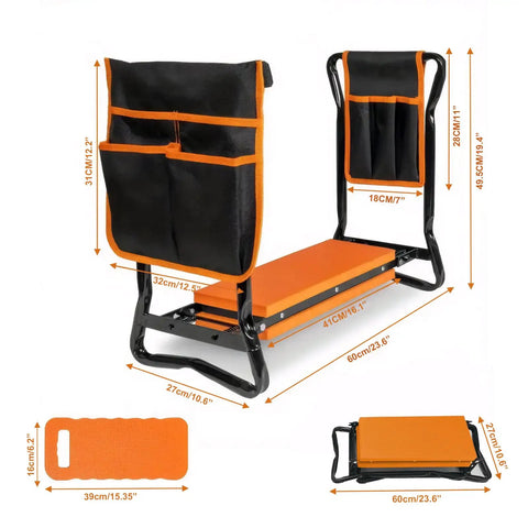 Gardening Bench Kneeler And Seat Folding Garden Chair All In One Multifunctional Kneeling Stool With Tool Bags On Both Sides Orange 16 Inch