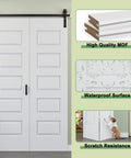 128 By 84 Inch Pre Assembled Bifold Barn Door With Five Lite Bi Fold Sliding Closet Doors And Hardware Kit Included 136 Inch Track Kit For Two Doors Easy To Install Moisture And Warp Resistant Pre Drilled Holes shown with details of high quality MDF, waterproof surface, and scratch resistance.