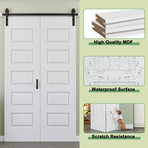 128 By 84 Inch Pre Assembled Bifold Barn Door With Five Lite Bi Fold Sliding Closet Doors And Hardware Kit Included 136 Inch Track Kit For Two Doors Easy To Install Moisture And Warp Resistant Pre Drilled Holes shown with details of high quality MDF, waterproof surface, and scratch resistance.