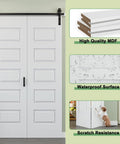Ninety Six Inch By Eighty Four Inch Five Panel Folding Barn Door Kit With One Zero Four Inch Heavy Duty Rail Assembly, white MDF doors.