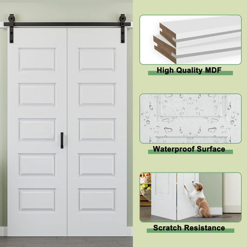 Ninety Six Inch By Eighty Four Inch Five Panel Folding Barn Door Kit With One Zero Four Inch Heavy Duty Rail Assembly, white MDF doors.