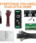 Beefy 48V DIN Rail Power Supply Pumping 120W Regulated Output With Adjustable 48 To 52V Range And Crisp Led Readout Mated With 12 Port Dc Distribution Kit components including wiring, LED readout, and manual.