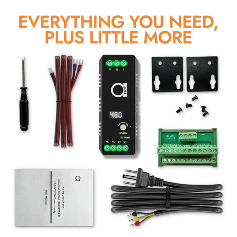 Beefy 48V DIN Rail Power Supply Pumping 120W Regulated Output With Adjustable 48 To 52V Range And Crisp Led Readout Mated With 12 Port Dc Distribution Kit components including wiring, LED readout, and manual.