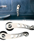 Aluminum Billet Car Window Crank Handle Set 2 Pieces installed in vintage car interior with hex wrench and screws, silver finish.
