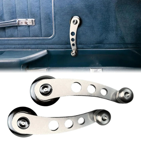 Aluminum Billet Car Window Crank Handle Set 2 Pieces installed in vintage car interior with hex wrench and screws, silver finish.