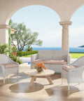 Outdoor chair cushions set of 2, 22x22x4 inches with ties, on wicker chairs in a patio setting, taupe color, waterproof and fade resistant.