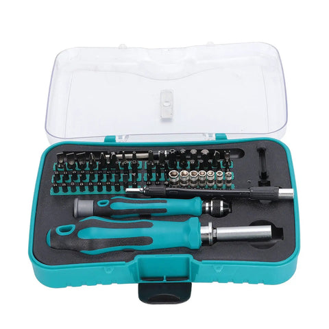 Go To Ratchet Tool Set With Chrome Wrenches Sockets And Screwdriver Bits Insulated Handle Polished Finish Includes Storage Box For Electrician Repair And Appliance Maintenance displayed inside an open teal storage case
