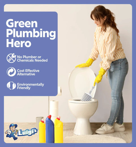 Woman using Heavy Duty Toilet Plunger With Long Sturdy Handle And Secure Grip For Deep Clogs Unclogger With Bellows Design.