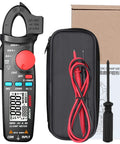 Mini Clamp Meter For AC And DC Current Up To 100 Amp, Auto Range Digital Multimeter With Frequency Tester, case, probes, and box