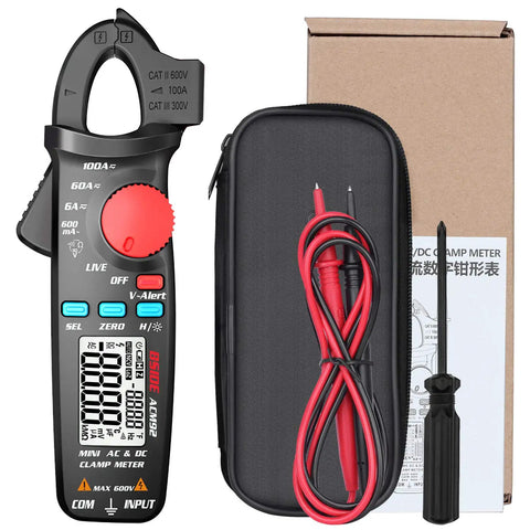 DC Current Clamp Meter 6000 Counts Digital Multimeter Amp Continuity Ohm Hz Live Check V Alert Voltage Tester set with accessories