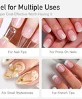 Semi Solid Nail Glue Gel 2g for Press On Nails in use for tips, rhinestones, and French tips, showcasing versatility