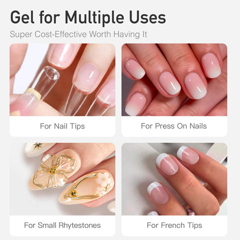 Semi Solid Nail Glue Gel 2g for Press On Nails in use for tips, rhinestones, and French tips, showcasing versatility